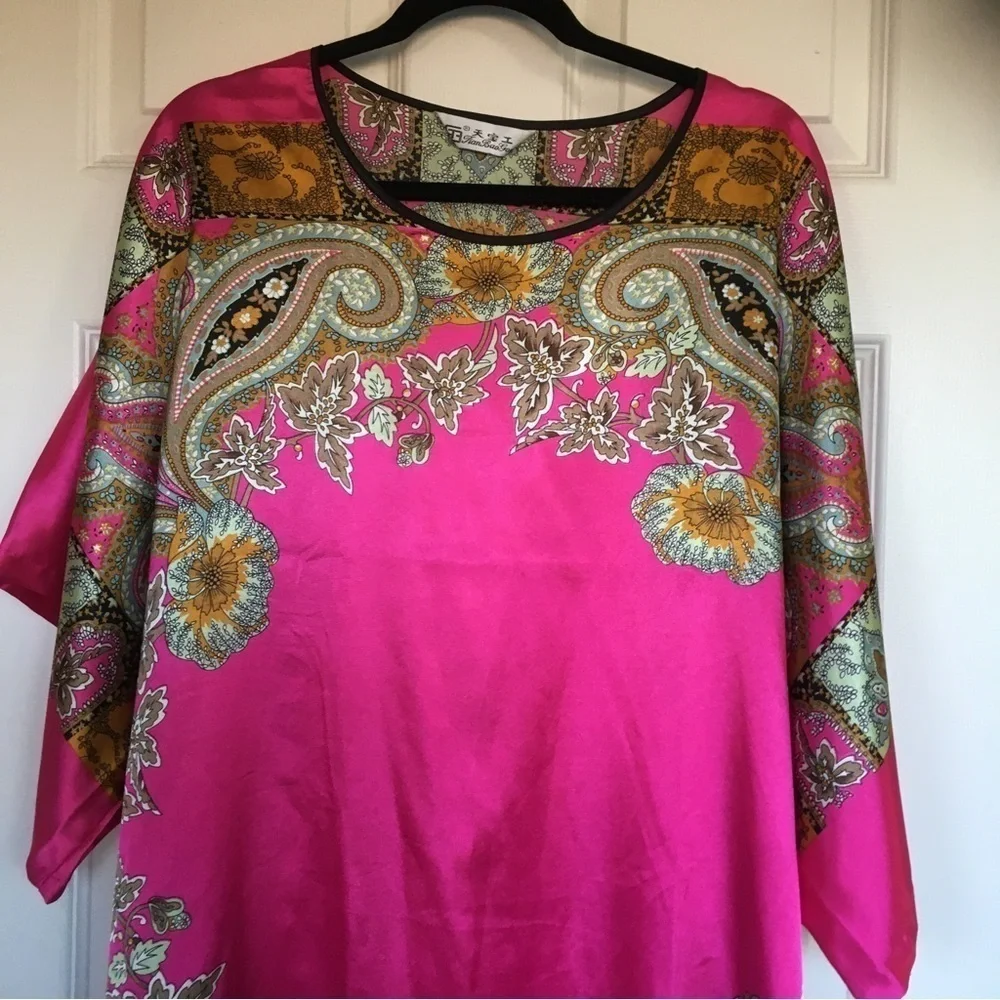 Tian Bao Gong silk tunic large oversized pink paisley floral Japanese brand - Picture 4 of 9
